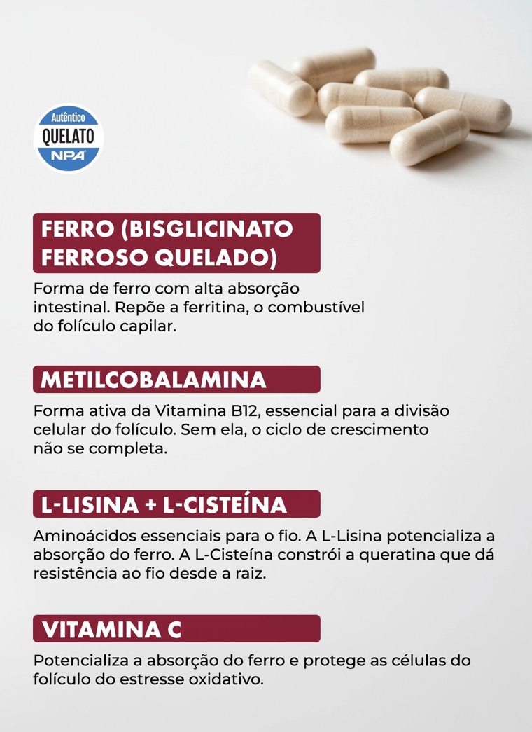 Composição do Ferritin12: ferro quelado, metilcobalamina, L-Lisina, L-Cisteína e Vitamina C